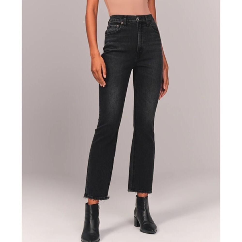 Abercrombie & Fitch Ultra High Rise Frayed Kick Flare Denim Jean Washed Black 25